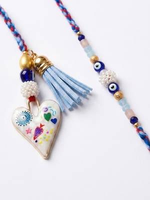set of 2 evil eye beaded heart shape bhaiya bhabhi rakhi with roli chawal chandan 3