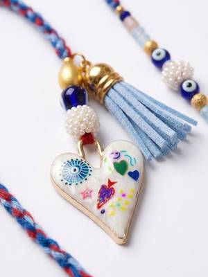 set of 2 evil eye beaded heart shape bhaiya bhabhi rakhi with roli chawal chandan 4