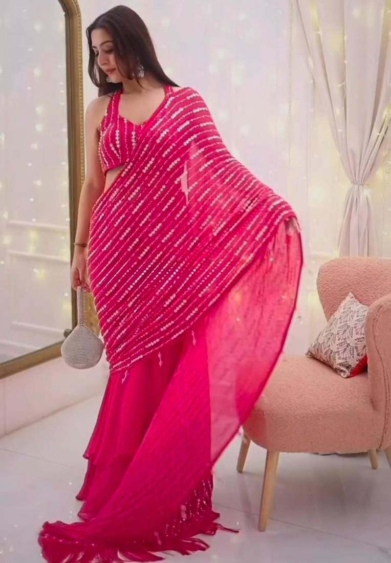 pink georgette embroidered saree with sequins work ready to wear