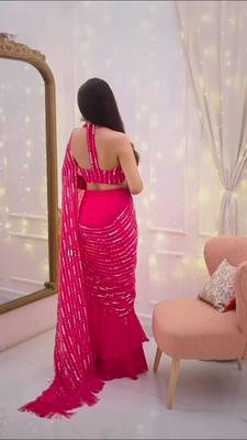 pink georgette embroidered saree with sequins work ready to wear 2