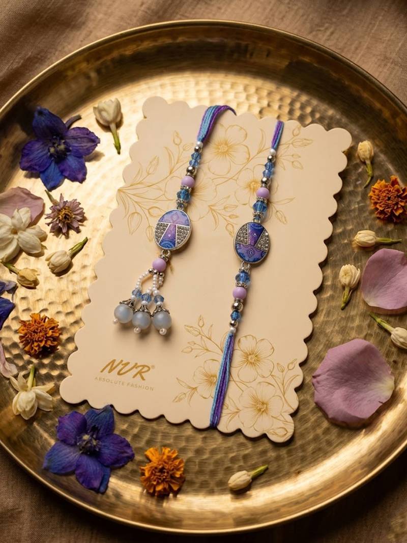 set of 2 purple artificial beads traditional bhaiya bhabhi rakhi with roli chawal