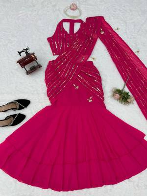 pink georgette embroidered saree with sequins work ready to wear 4