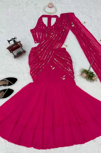 pink georgette embroidered saree with sequins work ready to wear
