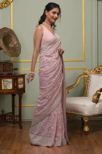 Pink georgette embroidered saree with thread work