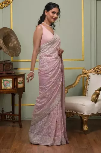 Pink georgette embroidered saree with thread work
