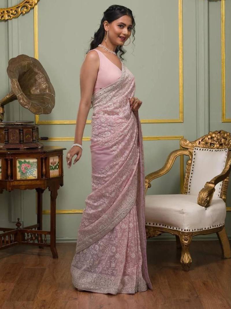 Pink georgette embroidered saree with thread work
