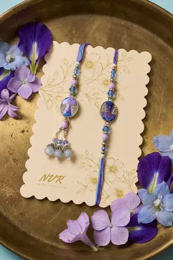 set of 2 purple artificial beads traditional bhaiya bhabhi rakhi with roli chawal