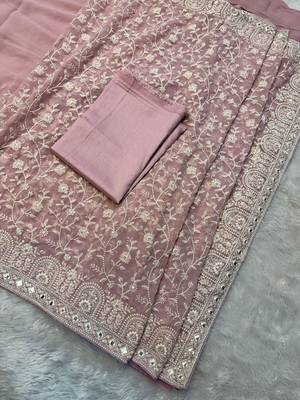 Pink georgette embroidered saree with thread work 2