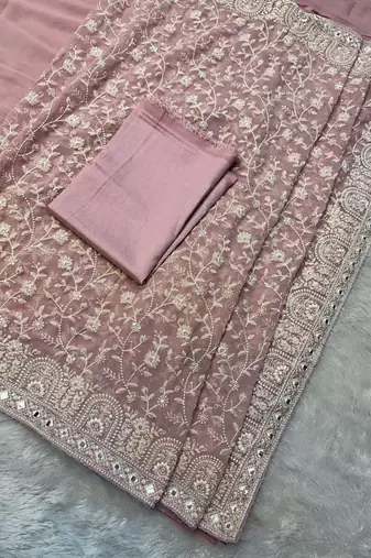Pink georgette embroidered saree with thread work