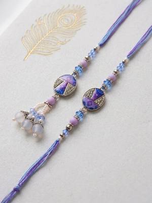 set of 2 purple artificial beads traditional bhaiya bhabhi rakhi with roli chawal 5