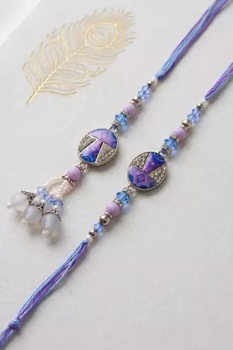 set of 2 purple artificial beads traditional bhaiya bhabhi rakhi with roli chawal