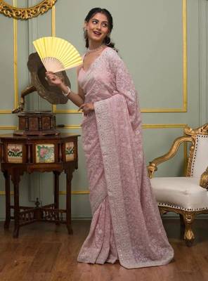 Pink georgette embroidered saree with thread work 3