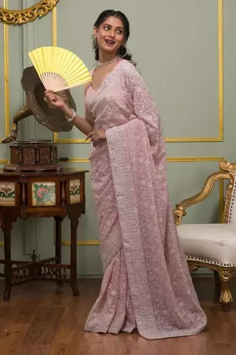 Pink georgette embroidered saree with thread work