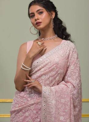 Pink georgette embroidered saree with thread work 4