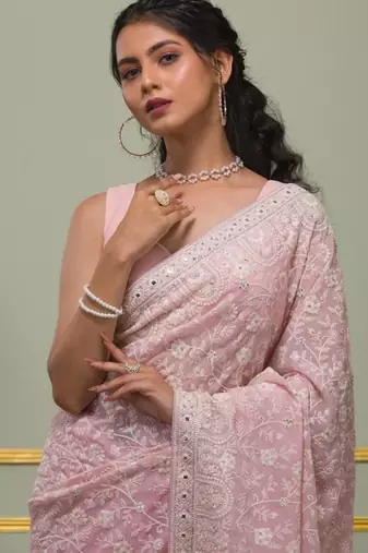 Pink georgette embroidered saree with thread work