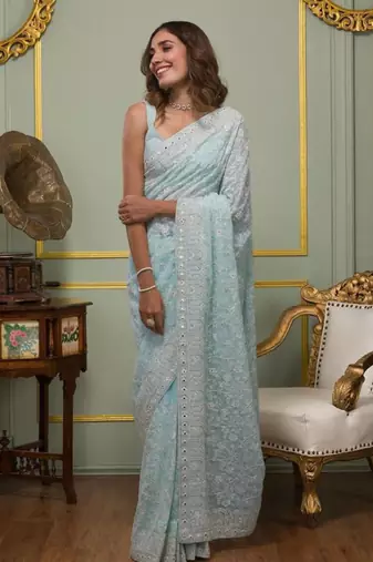 sky blue georgette embroidered saree with thread work