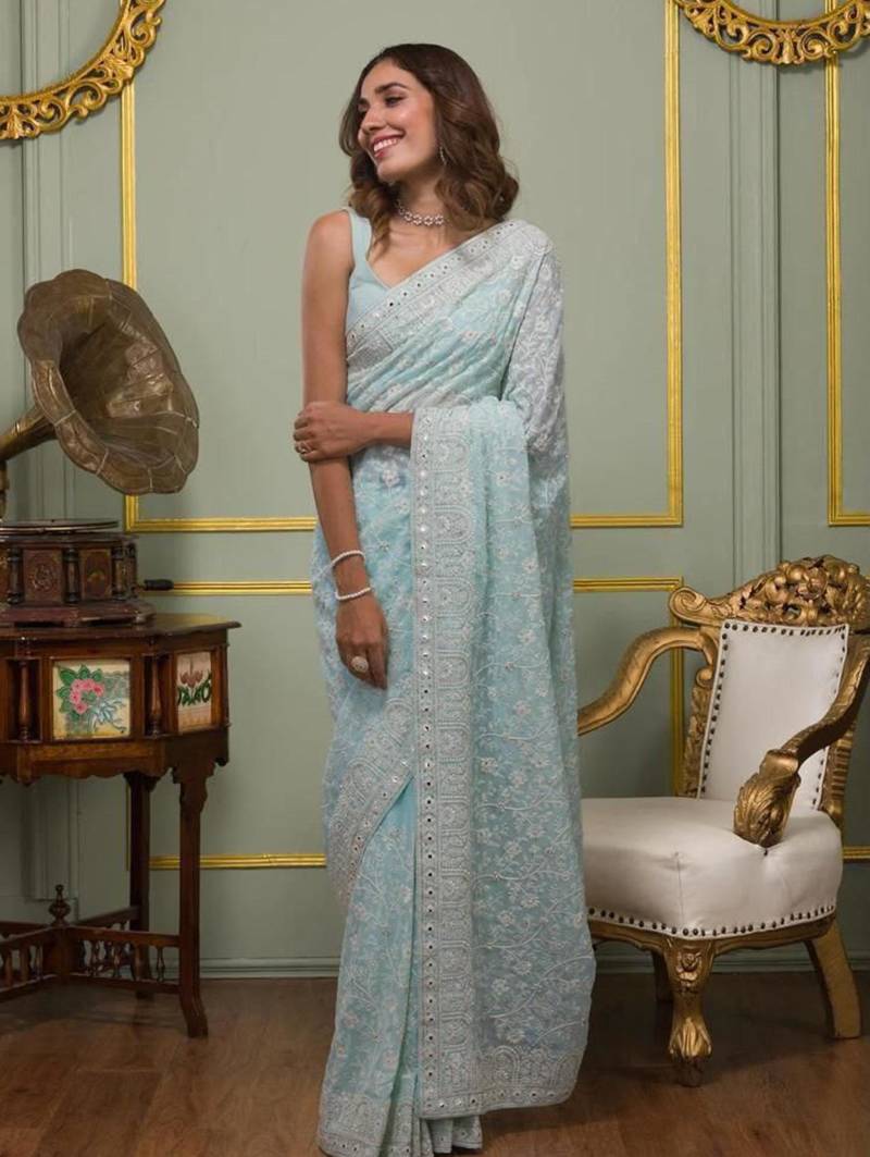 sky blue georgette embroidered saree with thread work