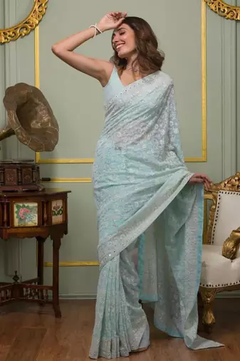 sky blue georgette embroidered saree with thread work