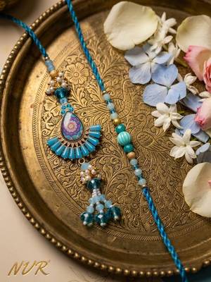 set of 2 transparent beads pear shape bhaiya bhabhi rakhi with roli chawal chandan 4