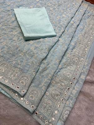 sky blue georgette embroidered saree with thread work 3