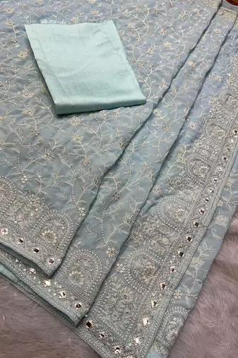 sky blue georgette embroidered saree with thread work