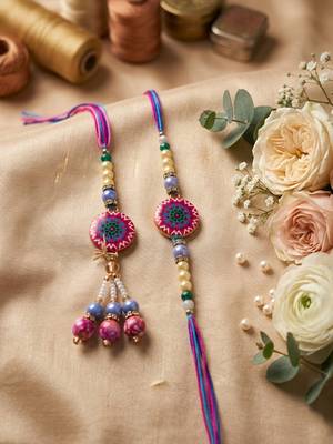 set of 2 artificial stones & beads floral design bhaiya bhabhi rakhi with roli chawal 1