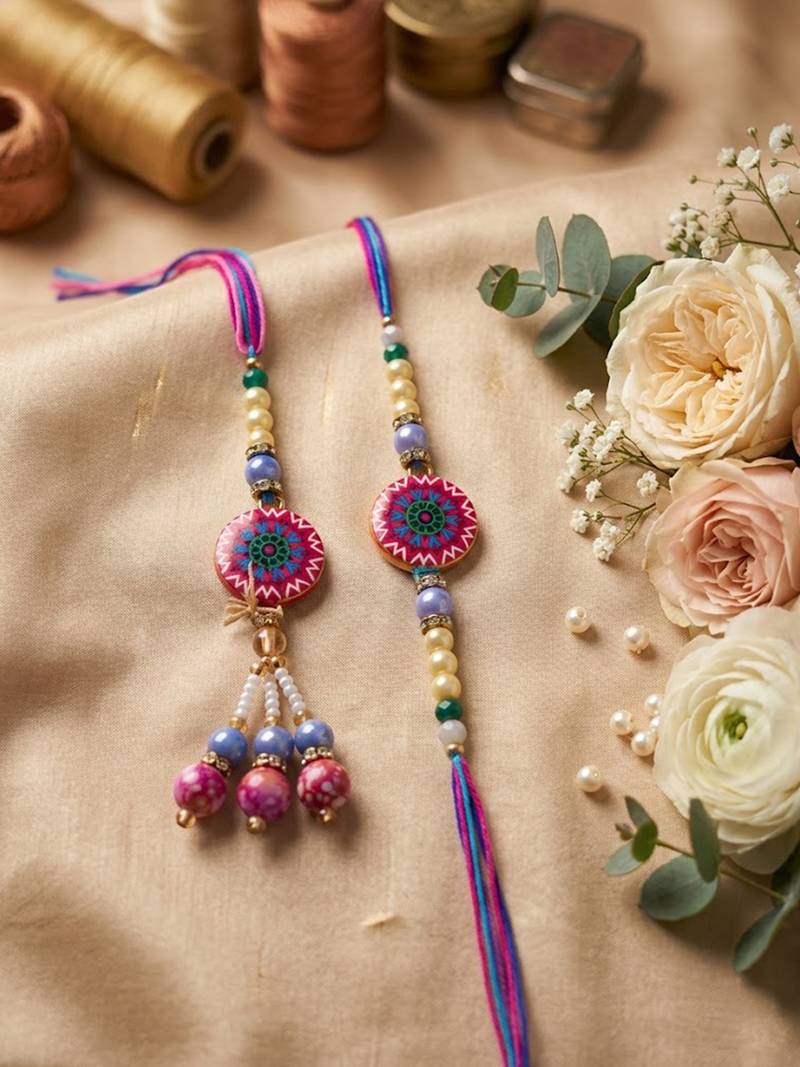 set of 2 artificial stones & beads floral design bhaiya bhabhi rakhi with roli chawal
