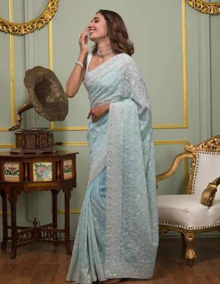 sky blue georgette embroidered saree with thread work 4