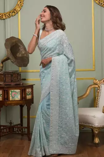 sky blue georgette embroidered saree with thread work