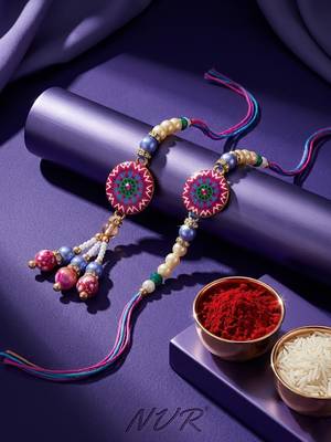 set of 2 artificial stones & beads floral design bhaiya bhabhi rakhi with roli chawal 2