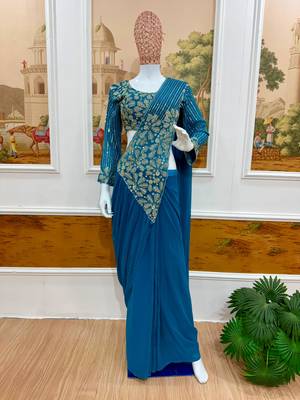 Blue georgette embroidered saree with beads 2
