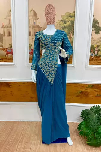 Blue georgette embroidered saree with beads