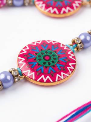 set of 2 artificial stones & beads floral design bhaiya bhabhi rakhi with roli chawal 3