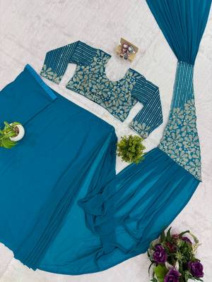 Blue georgette embroidered saree with beads 3