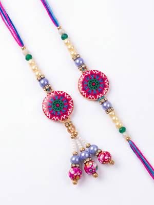 set of 2 artificial stones & beads floral design bhaiya bhabhi rakhi with roli chawal 4