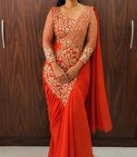 Orange georgette embroidered saree with beads