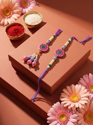 set of 2 artificial stones & beads floral design bhaiya bhabhi rakhi with roli chawal 5