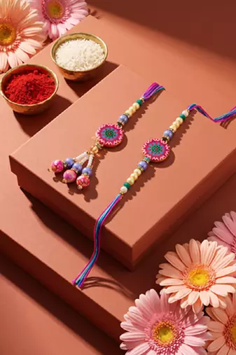 set of 2 artificial stones & beads floral design bhaiya bhabhi rakhi with roli chawal