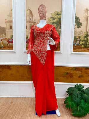 Orange georgette embroidered saree with beads 2