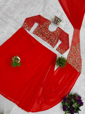 Orange georgette embroidered saree with beads 3