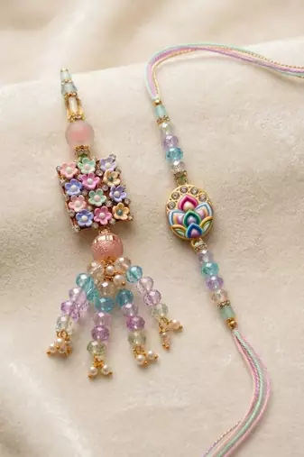 set of 2 artificial beads traditional bhaiya bhabhi rakhi with roli chawal chandan