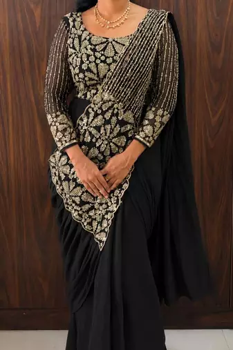 Black georgette embroidered saree with beads