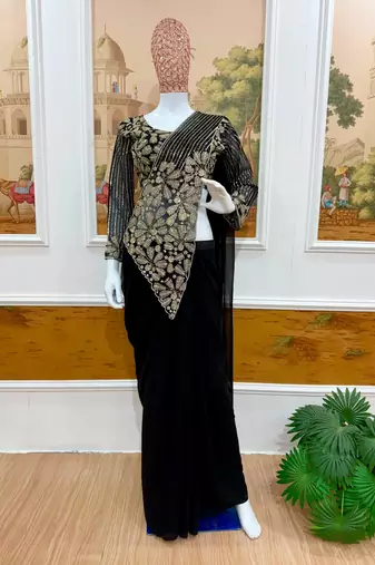 Black georgette embroidered saree with beads