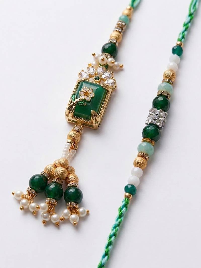 set of 2 green artificial beads traditional bhaiya bhabhi rakhi with roli chawal