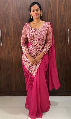 Pink georgette embroidered saree with beads 1