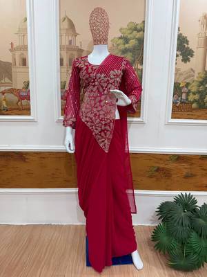 Pink georgette embroidered saree with beads 2