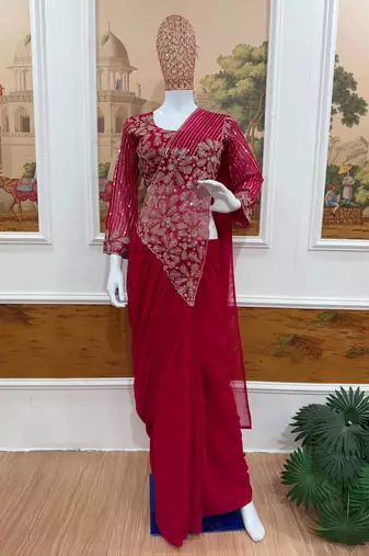 Pink georgette embroidered saree with beads