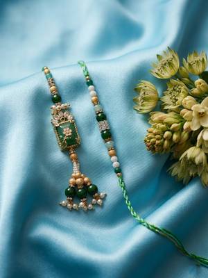 set of 2 green artificial beads traditional bhaiya bhabhi rakhi with roli chawal 2