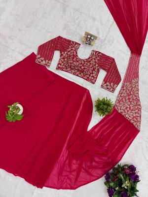 Pink georgette embroidered saree with beads 3