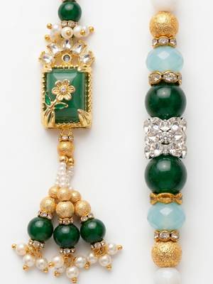 set of 2 green artificial beads traditional bhaiya bhabhi rakhi with roli chawal 3